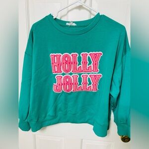 Green Sweatshirt with Pink 'Holly Jolly' Design